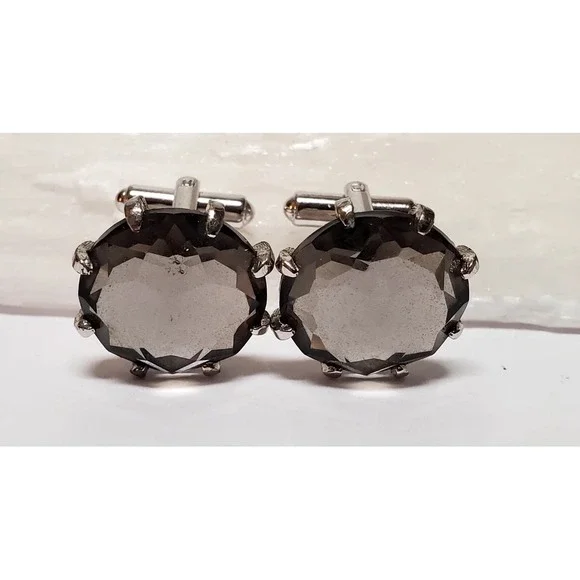 VTG Cuff Links Smoky Gray Crystal Stones Prong Set Faceted Shiny .75" Size Round - Picture 4 of 10